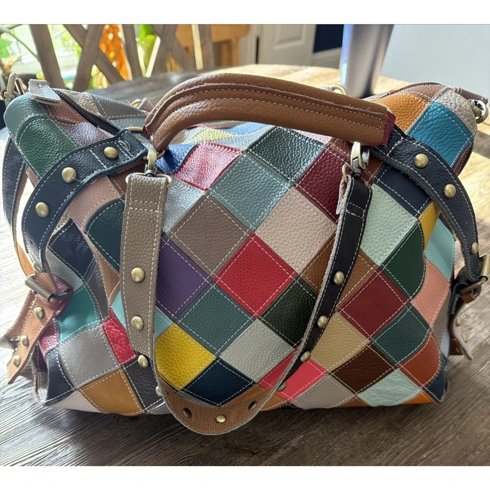 Genuine Leather Color Purse bohemian Handbag duffle studded patchwork quilt tote - Picture 7 of 9